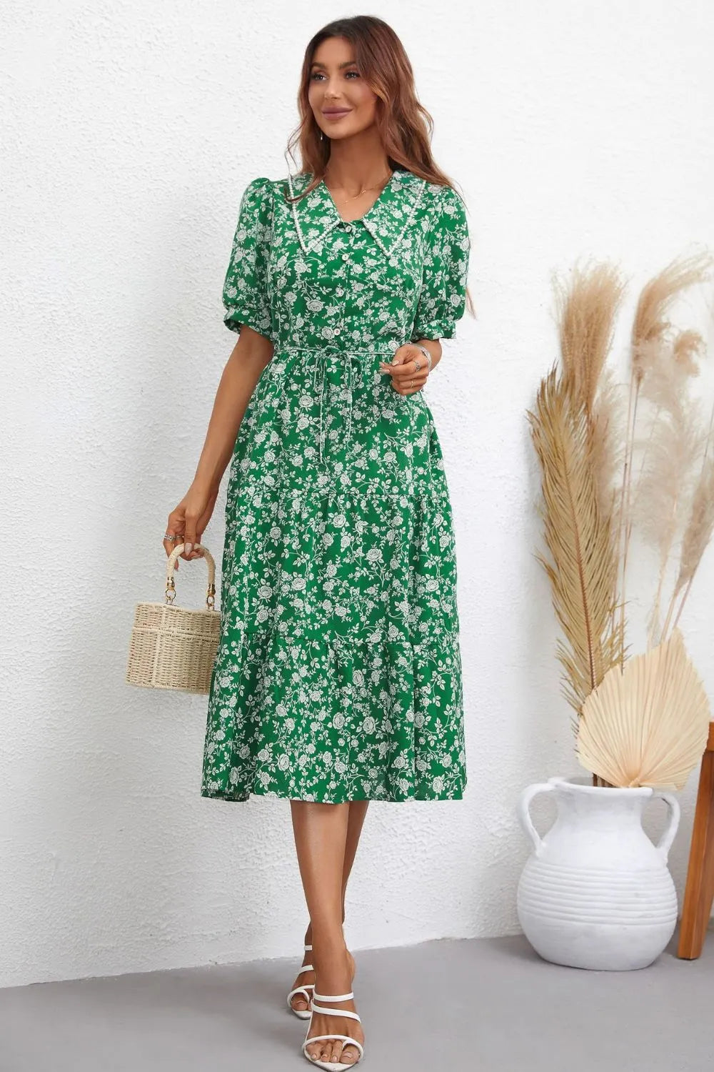 Floral Tie Waist Puff Sleeve Midi Dress Casual Dresses - Tophatter Daily Deals