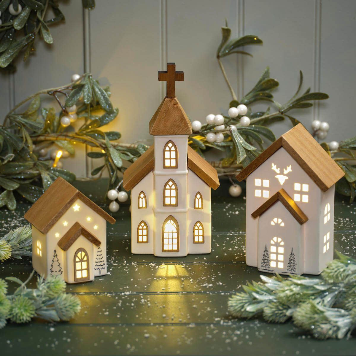 LED Ceramic Christmas Church | Light Up Ceramic & Wood Chapel Ornament - 23cm LED Light - Tophatter Daily Deals