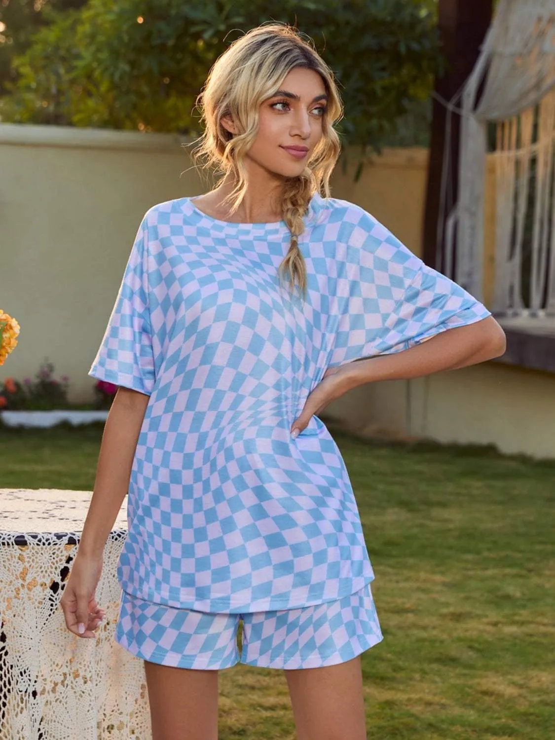 Plaid Round Neck Top and Shorts Lounge Set Loungewear Sets - Tophatter Daily Deals