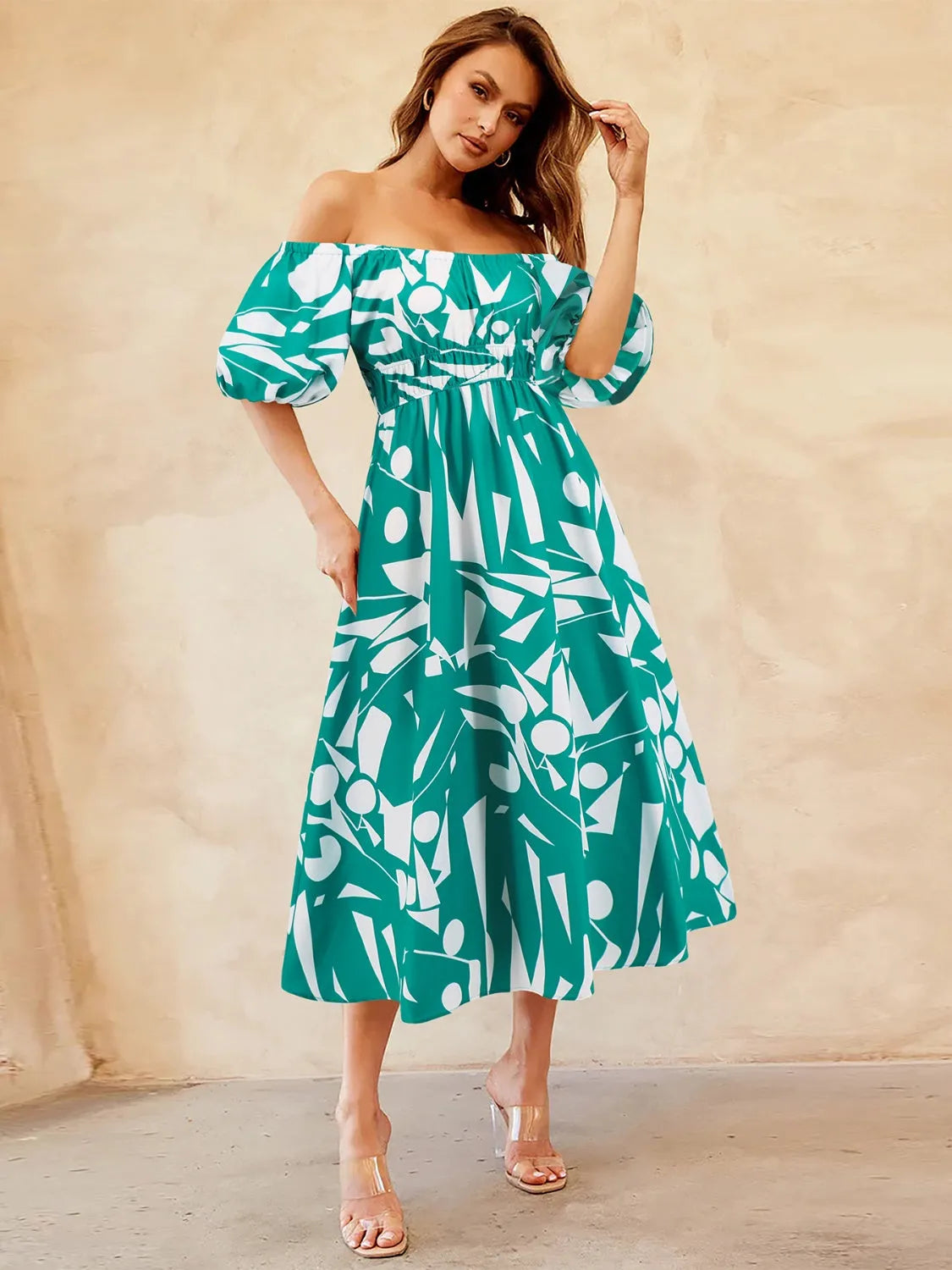 Printed Off-Shoulder Balloon Sleeve Dress Casual Dresses - Tophatter Daily Deals