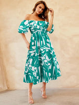 Printed Off-Shoulder Balloon Sleeve Dress Casual Dresses - Tophatter Daily Deals