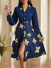 Printed Collared Neck Long Sleeve Dress Dark Blue Casual Dresses - Tophatter Daily Deals