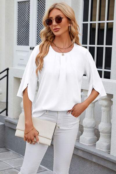 Round Neck Slit Half Sleeve Top White Women's T-Shirts - Tophatter Daily Deals