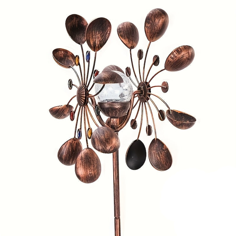 Solar Powered Metal Wind Spinner with LED Lights Outdoor & Garden Decor - Tophatter Daily Deals