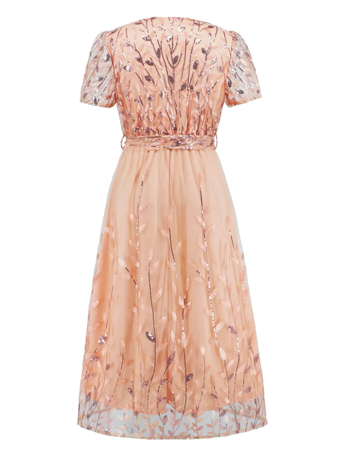 Sequin Leaf Embroidery Tie Front Short Sleeve Dress Cocktail Dresses - Tophatter Daily Deals