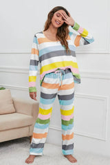 Striped Round Neck Long Sleeve Top and Drawstring Pants Lounge Set Dark Gray Loungewear Sets - Tophatter Daily Deals