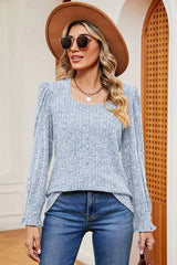 Square Neck Flounce Sleeve T-Shirt Misty Blue Women's T-Shirts - Tophatter Daily Deals