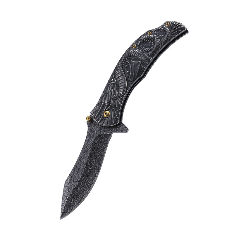 Dragon Embossed Handle Folding Knife Outdoor Camping Hunting Pocket EDC Tools - Tophatter Daily Deals