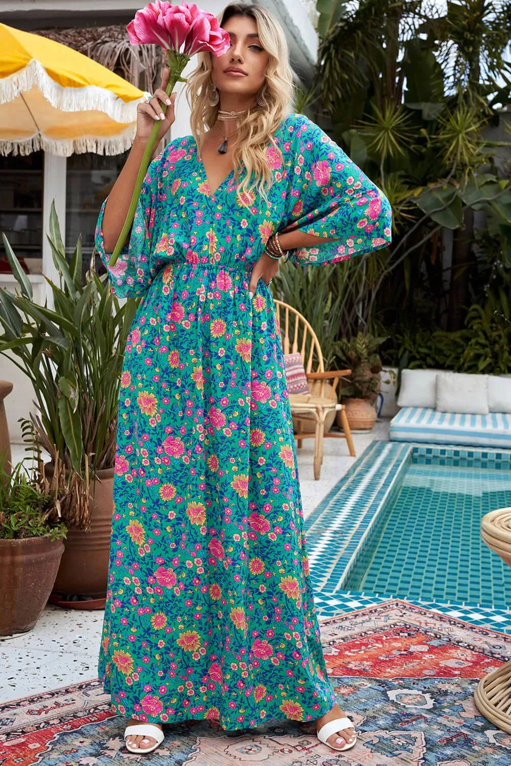 Floral Three-Quarter Sleeve V-Neck Dress Casual Dresses - Tophatter Daily Deals