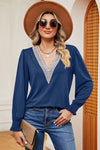 Lace Detail V-Neck Lantern Sleeve T-Shirt Navy Women's T-Shirts - Tophatter Daily Deals