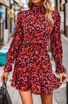 Heart Printed Mock Neck Flounce Sleeve Dress Deep Red Casual Dresses - Tophatter Daily Deals