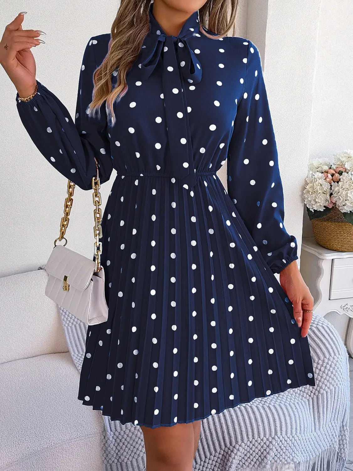 Polka Dot Tie Neck Pleated Dress Casual Dresses - Tophatter Daily Deals