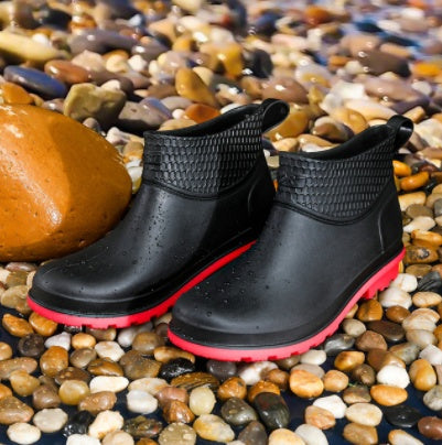 Anti-smashing And Anti-stab Wound In-tube Steel-soled Rain Boots Water Shoes Black surface and red bottom 0 - Tophatter Daily Deals
