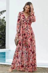 Floral Frill Trim Flounce Sleeve Plunge Maxi Dress Floral Casual Dresses - Tophatter Daily Deals