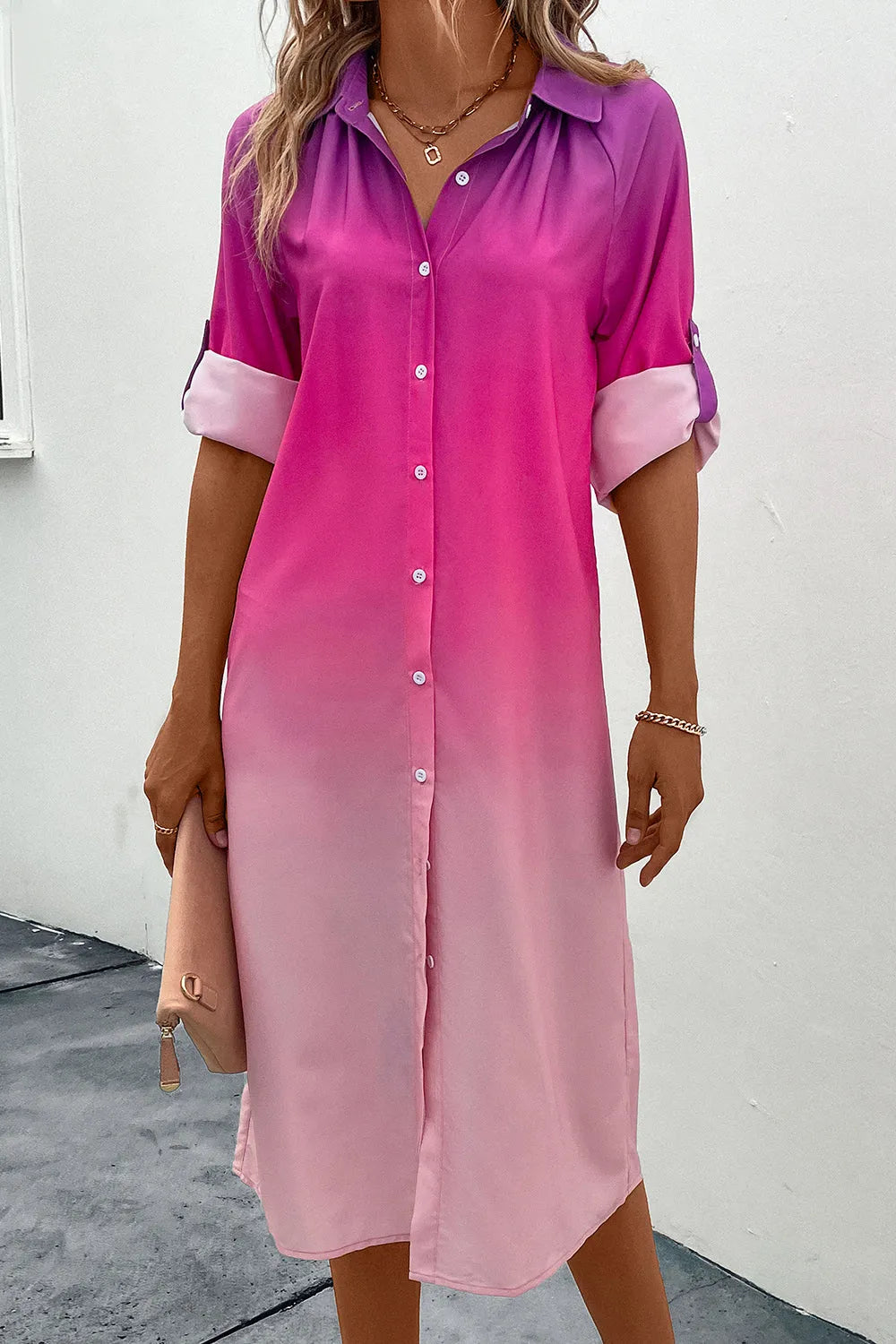 Gradient Long Sleeve Shirt Dress Hot Pink Casual Dresses - Tophatter Daily Deals