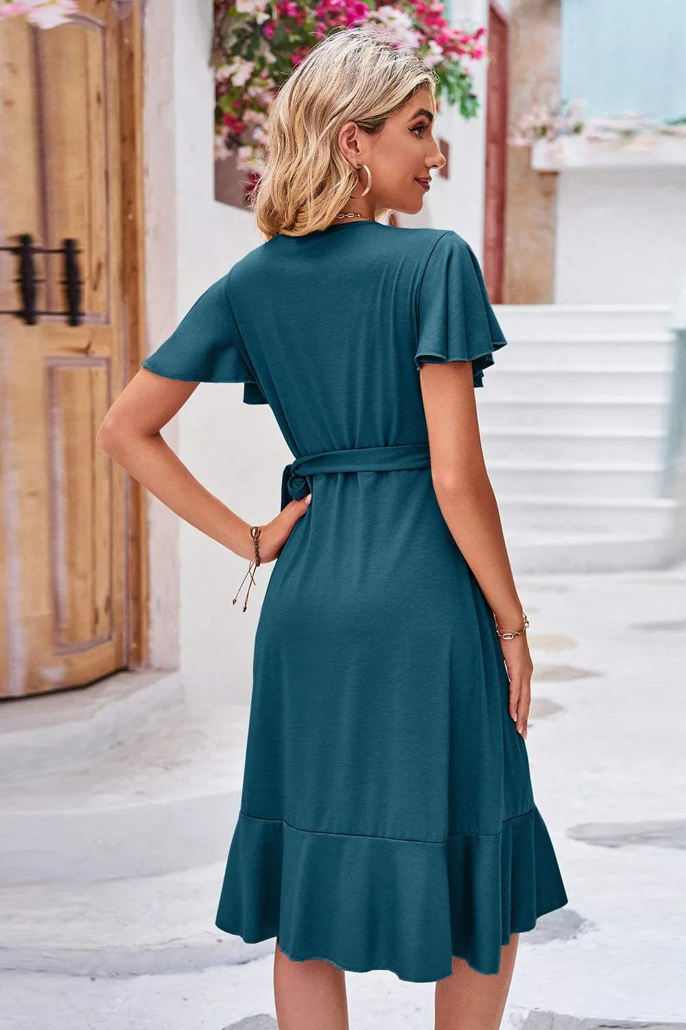 Surplice Neck Flutter Sleeve Dress Casual Dresses - Tophatter Daily Deals