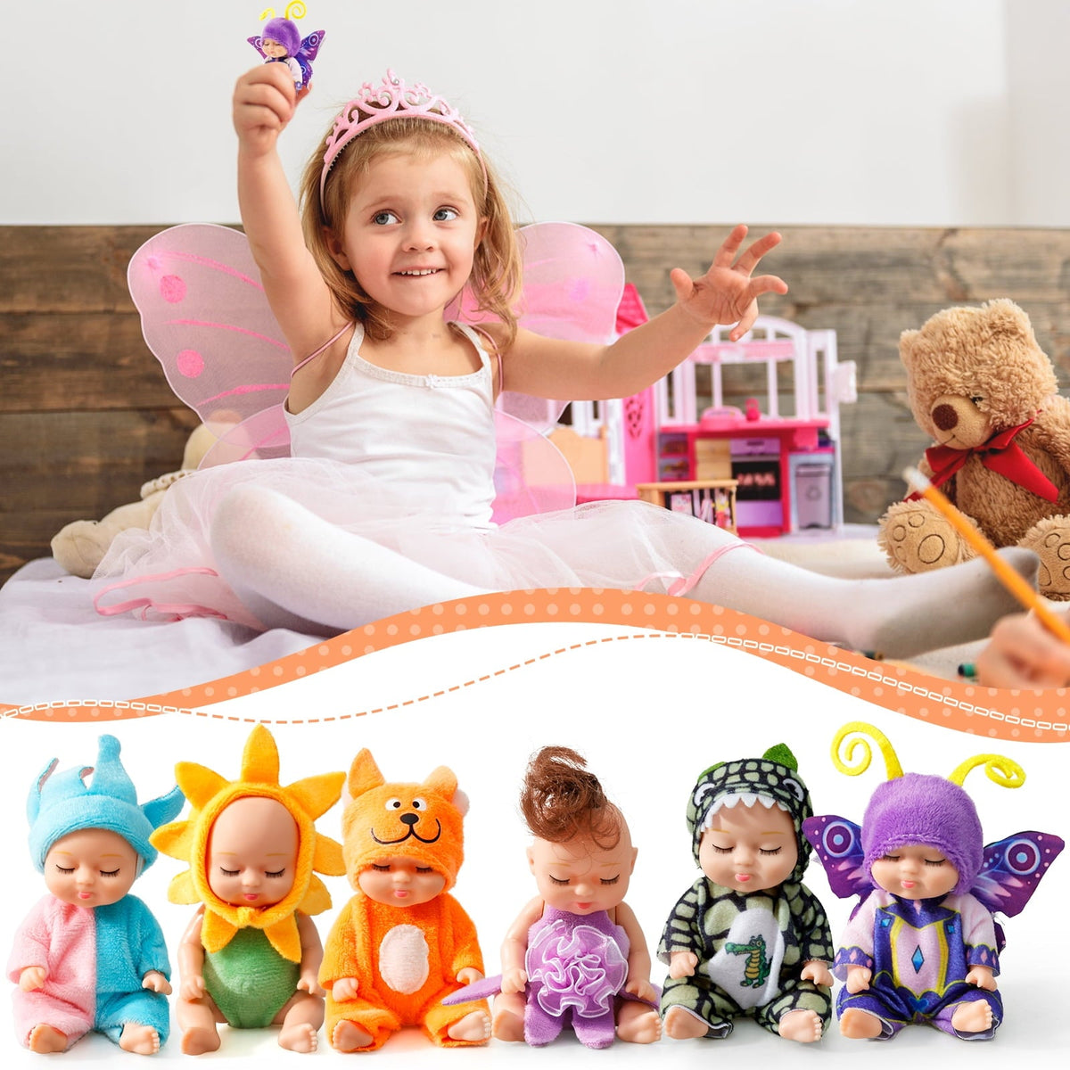 6-Piece Mini Baby Doll Set with Butterfly and Flower Outfits, 4 Inch Doll - Tophatter Daily Deals