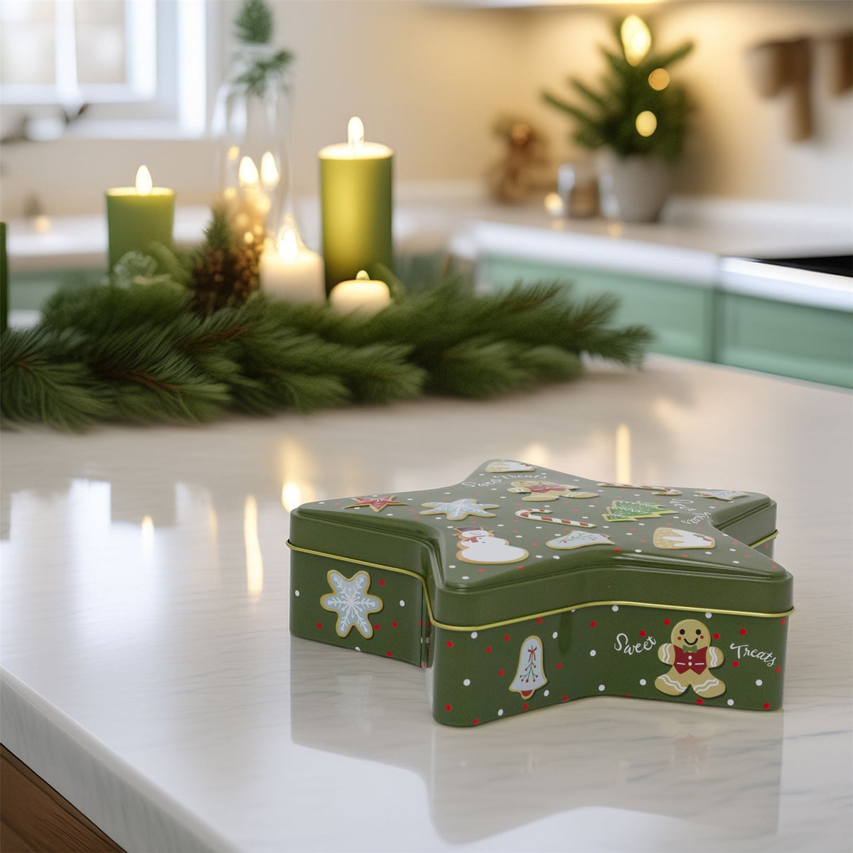 Green Star Christmas Tin Storage Boxes | Cookie Biscuit Tin Star Gift Box 19cm Tin - Tophatter Daily Deals