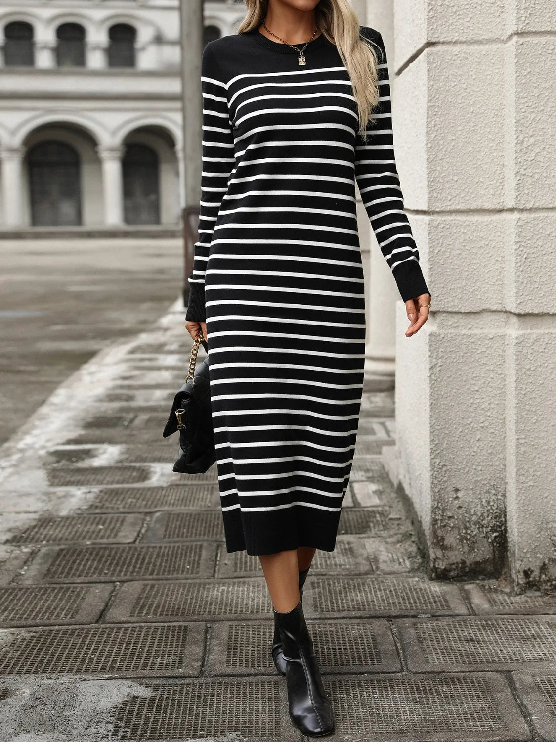 Striped Round Neck Long Sleeve Dress Black Casual Dresses - Tophatter Daily Deals