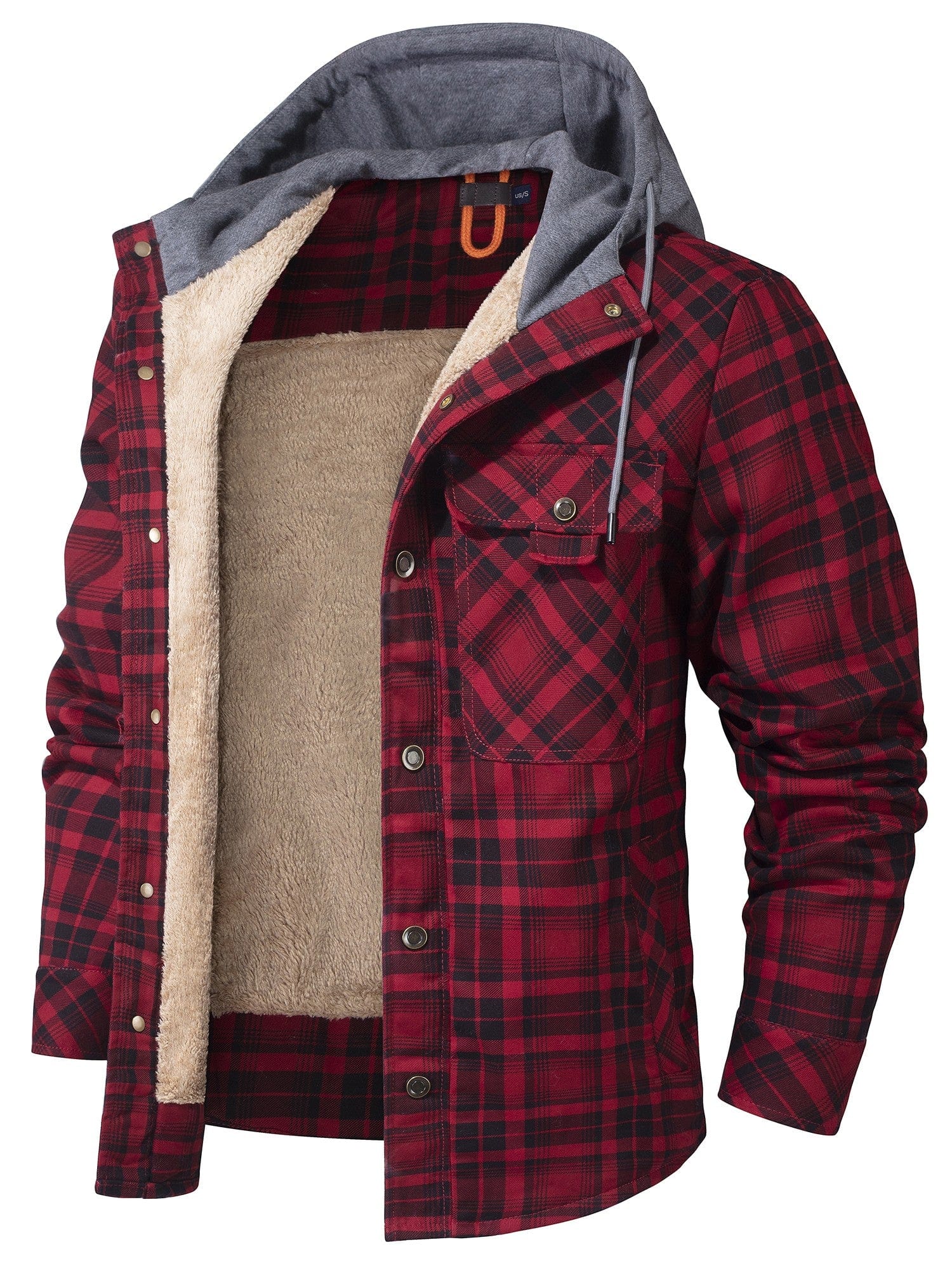 Insulating Cozy Mens Hoodie Jacket - Plaid Fleece Lined Red - Tophatter Daily Deals