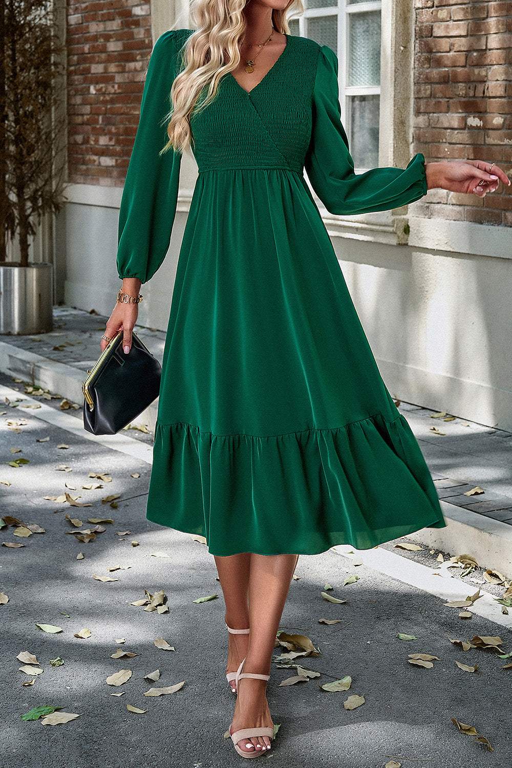 Smocked Surplice Long Sleeve Midi Dress Casual Dresses - Tophatter Daily Deals