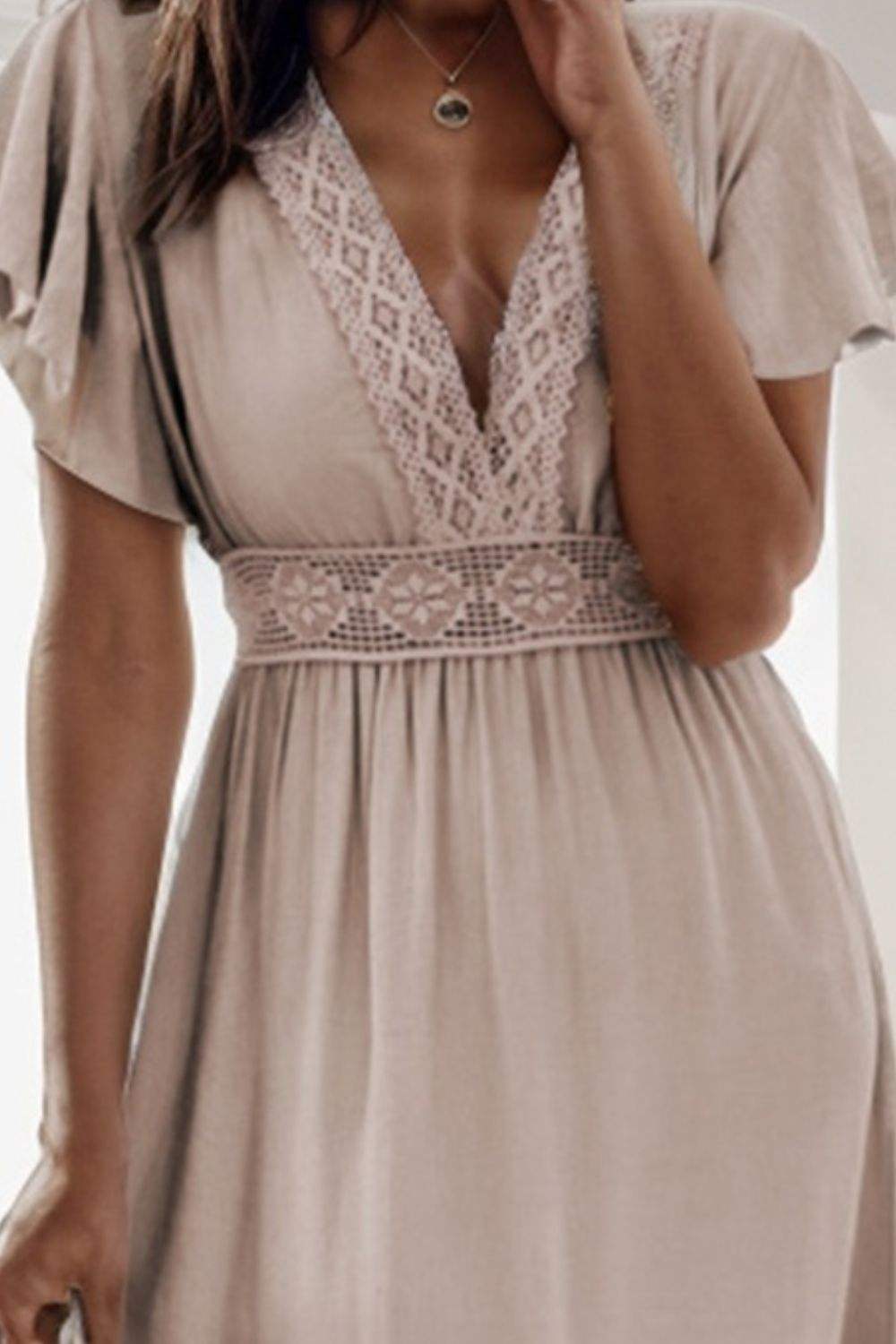 Lace Detail V-Neck Flutter Sleeve Dress Casual Dresses - Tophatter Daily Deals