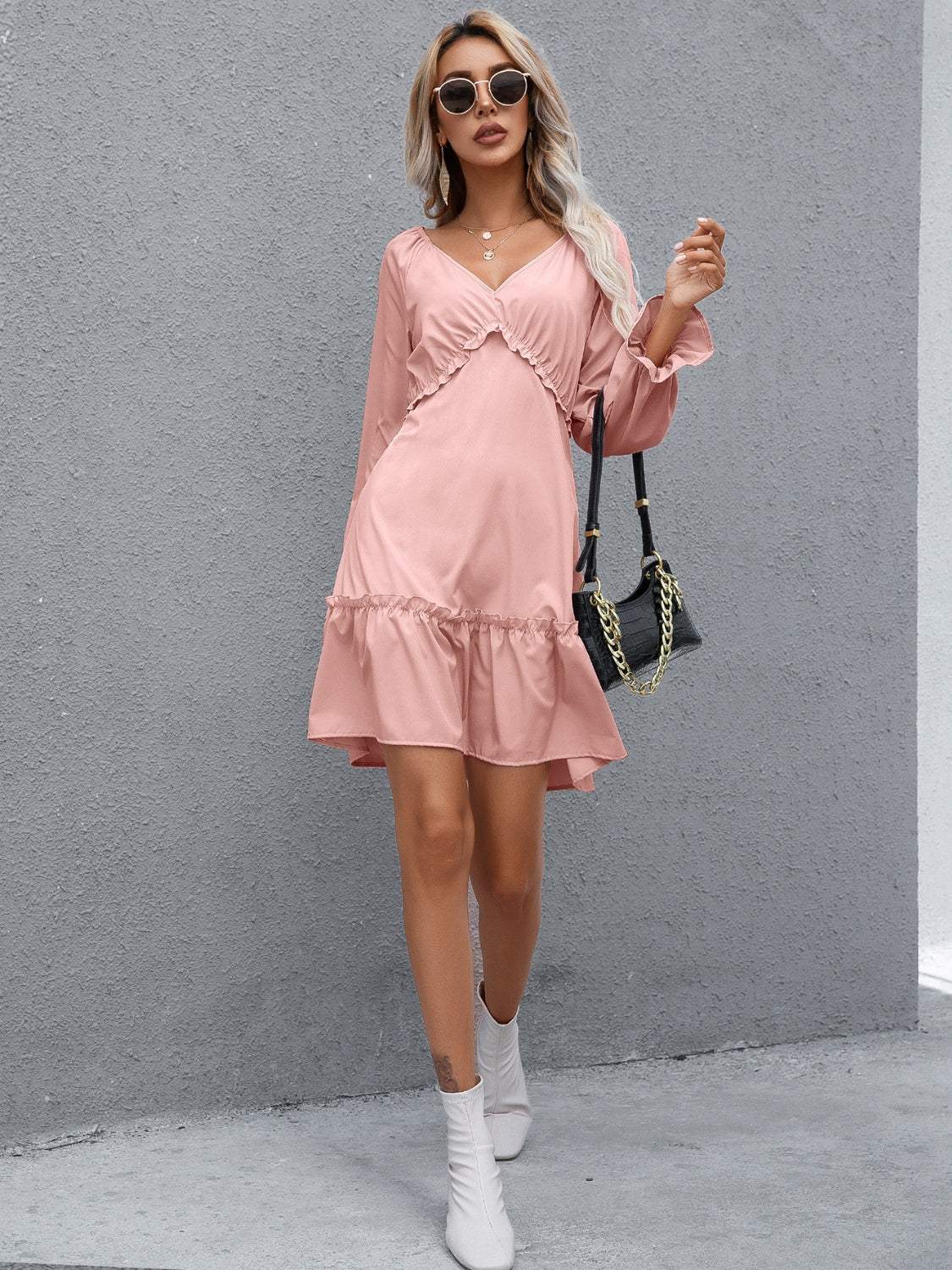 Frill V-Neck Flounce Sleeve Ruffle Hem Dress Casual Dresses - Tophatter Daily Deals