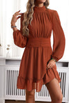 Frill Ruched Mock Neck Balloon Sleeve Dress Casual Dresses - Tophatter Daily Deals