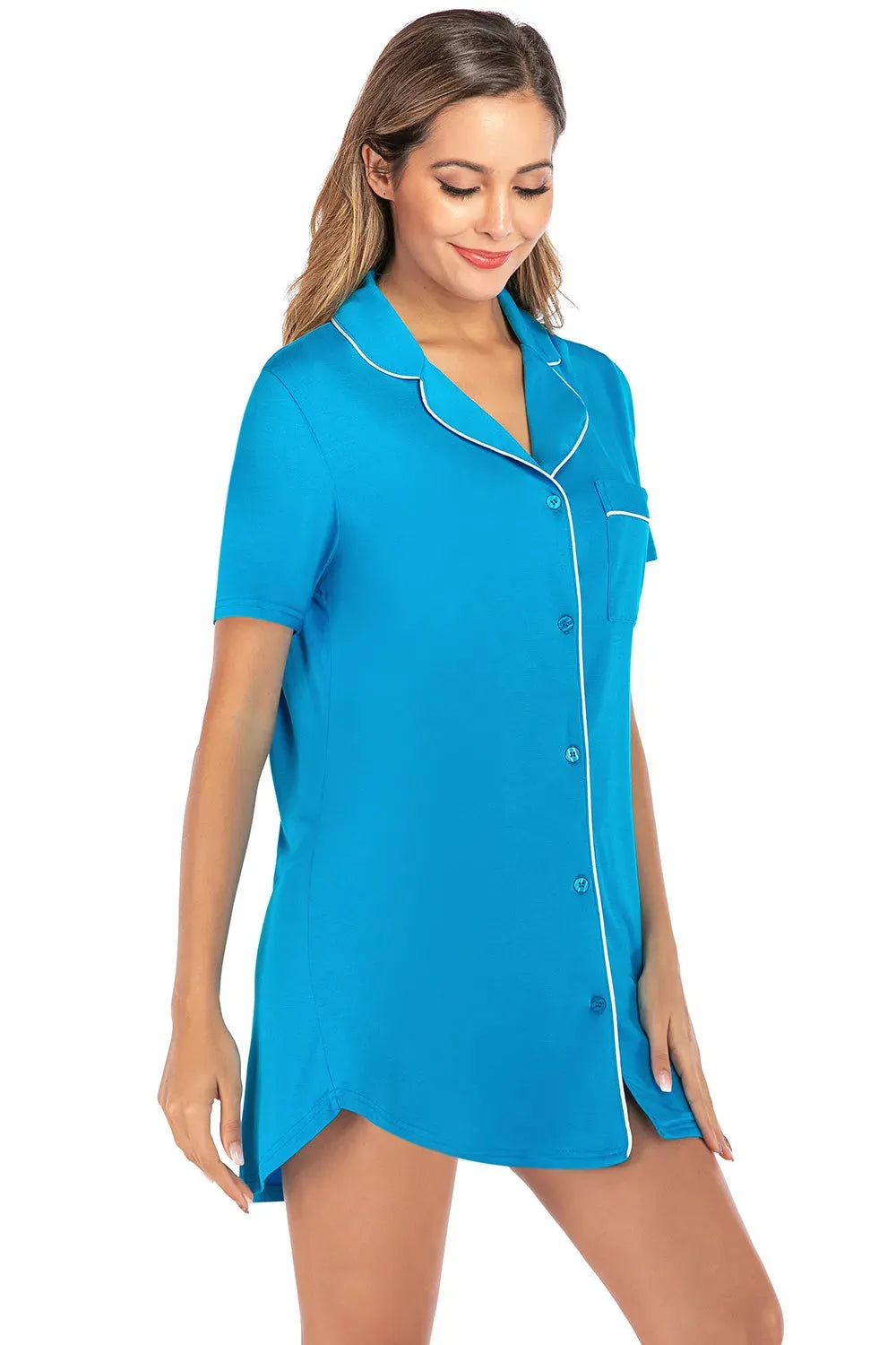 Contrast Piping Pocketed Short Sleeve Lounge Dress Sleep Dresses - Tophatter Daily Deals