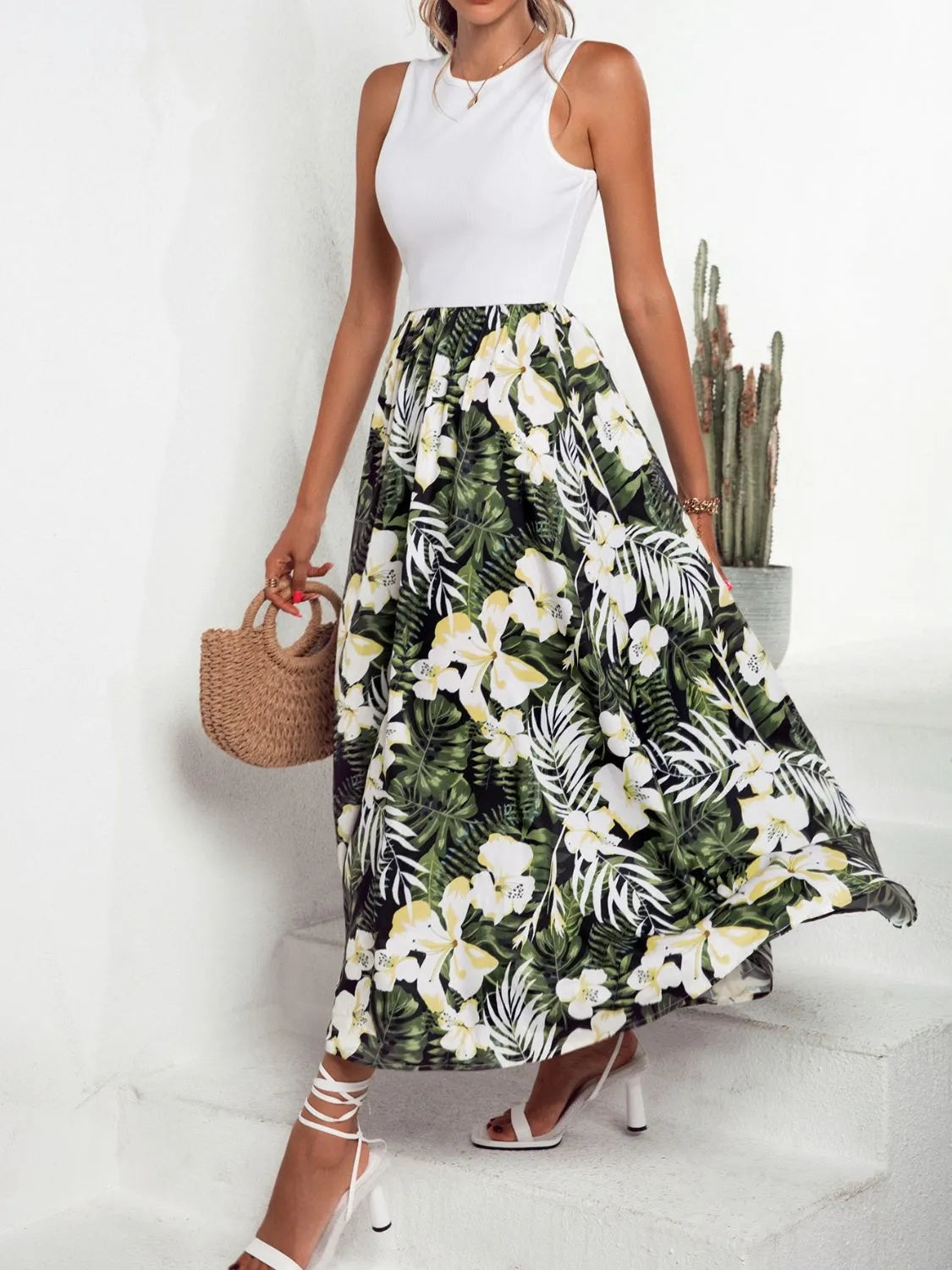 Printed Round Neck Sleeveless Dress Casual Dresses - Tophatter Daily Deals