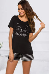 Graphic Round Neck Top and Striped Shorts Lounge Set Black Loungewear Sets - Tophatter Daily Deals