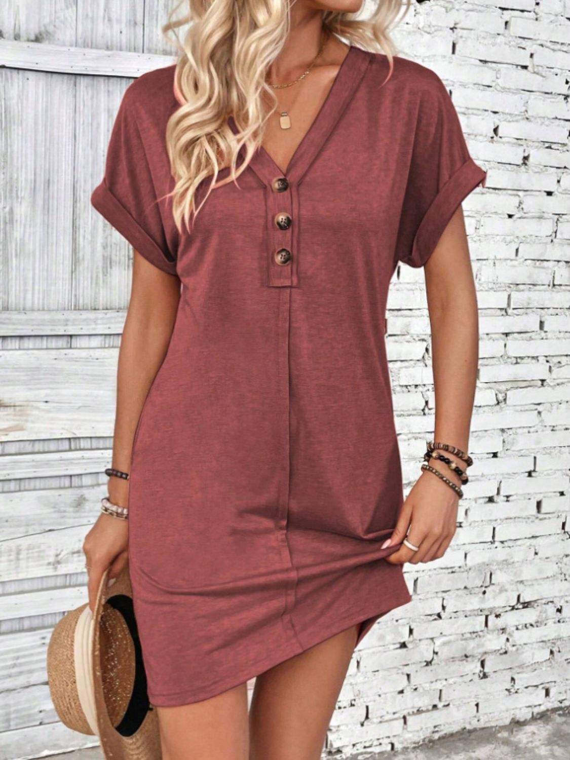 Quarter Button V-Neck Short Sleeve Dress Rust Casual Dresses - Tophatter Daily Deals