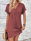 Quarter Button V-Neck Short Sleeve Dress Rust Casual Dresses - Tophatter Daily Deals