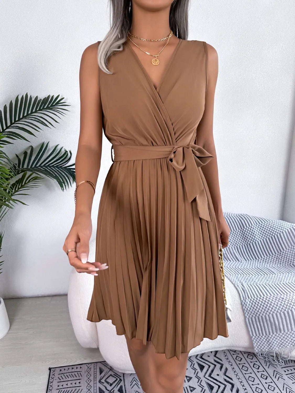 Tied Surplice Sleeveless Pleated Dress Casual Dresses - Tophatter Daily Deals