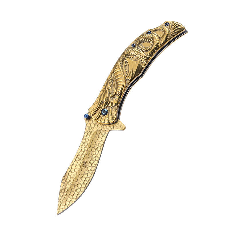Dragon Embossed Handle Folding Knife Outdoor Camping Hunting Pocket EDC Tools No.1 - Tophatter Daily Deals