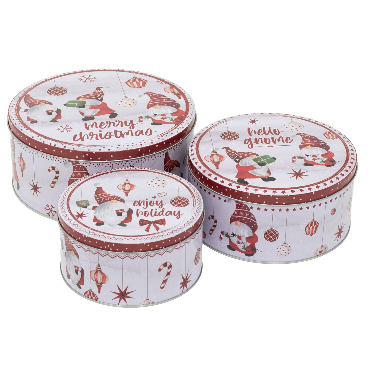 Set of 3 Christmas Gonk Storage Tins | 3-piece Gnome Round Kitchen Nesting Tins Biscuit Tin - Tophatter Daily Deals
