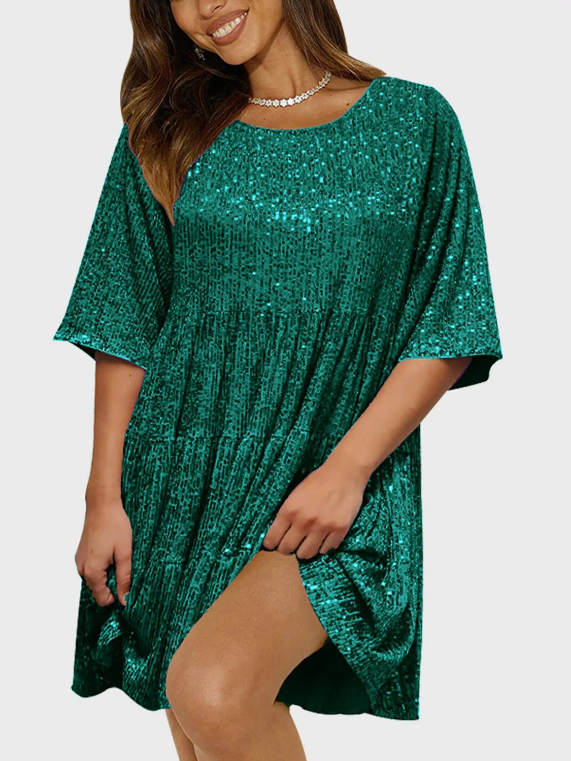 Full Size Sequin Round Neck Half Sleeve Mini Dress Dark Green Casual Dresses - Tophatter Daily Deals