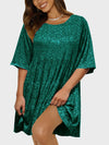 Full Size Sequin Round Neck Half Sleeve Mini Dress Dark Green Casual Dresses - Tophatter Daily Deals