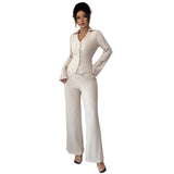 Button Shirt Wide-leg Pants Suit For Women 0 - Tophatter Daily Deals