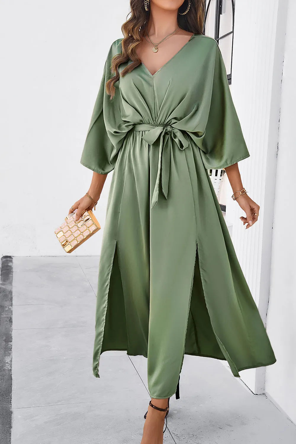 Slit Tied V-Neck Three-Quarter Sleeve Dress Sage Casual Dresses - Tophatter Daily Deals