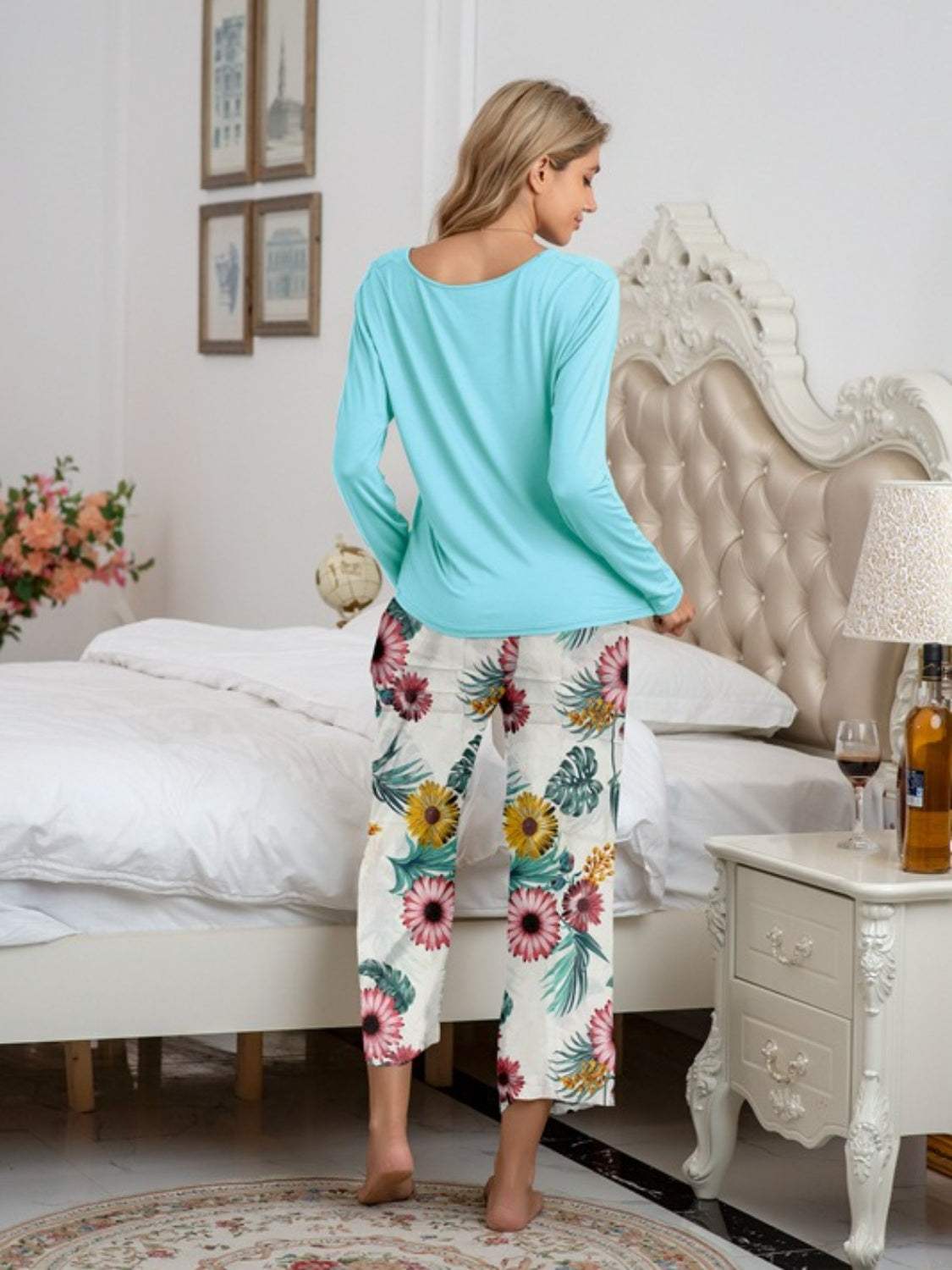 Round Neck Top and Printed Pants Lounge Set Loungewear Sets - Tophatter Daily Deals