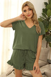 V-Neck Short Sleeve Top and Drawstring Shorts Lounge Set Loungewear Sets - Tophatter Daily Deals