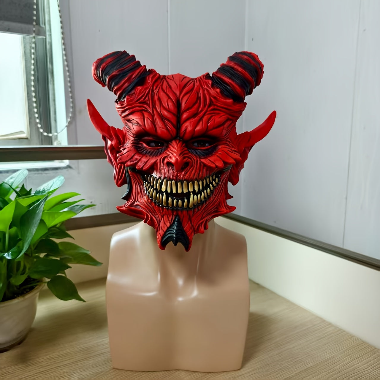 Demon Horror Mask Latex Headgear Red with Horns Halloween - Tophatter Daily Deals
