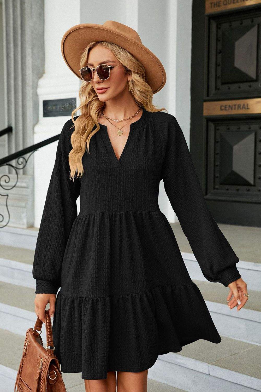 Notched Neck Long Sleeve Mini Dress Black Casual Dresses - Tophatter Daily Deals