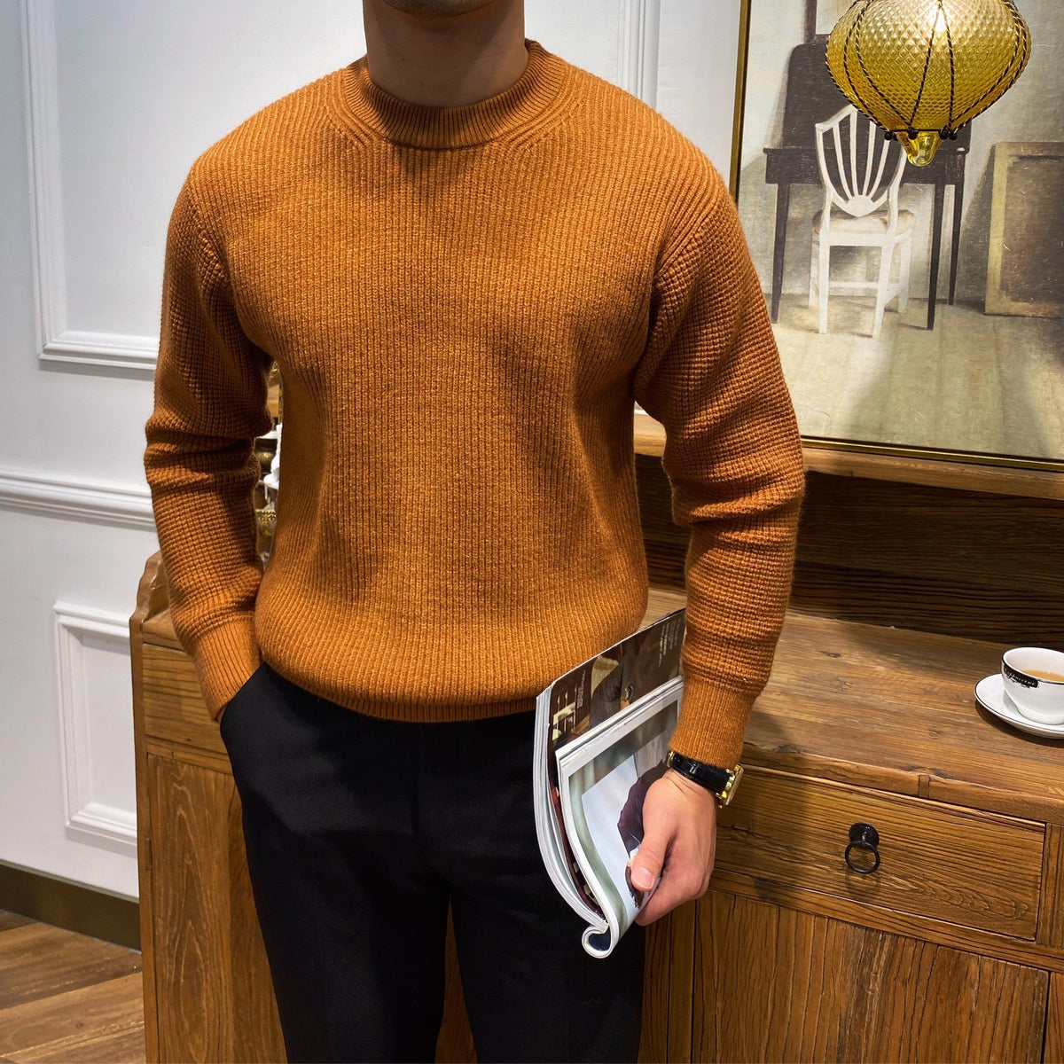 Warm Mens Crewneck Sweater - Ribbed Knit, Acrylic, Winter Caramel 3D Changing Face Moving Picture Frame - Tophatter Daily Deals