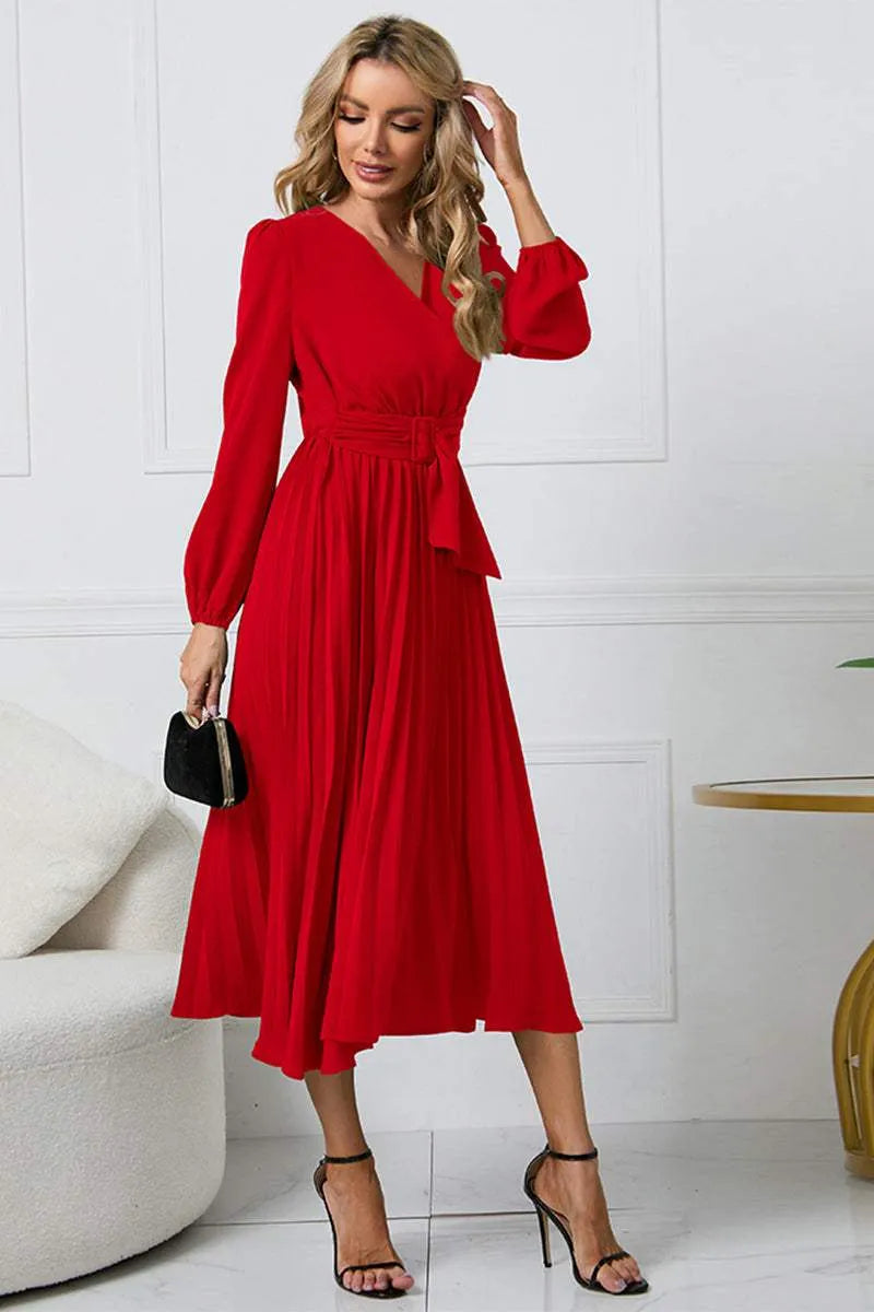 V-Neck Long Sleeve Tie Waist Midi Dress Red Casual Dresses - Tophatter Daily Deals