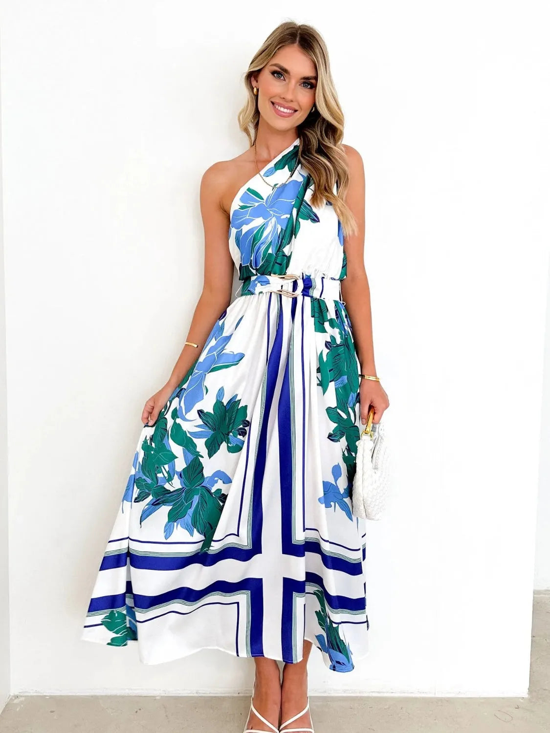 Printed Ruched One Shoulder Dress Turquoise Casual Dresses - Tophatter Daily Deals