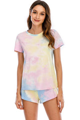 Tie-Dye Round Neck Short Sleeve Top and Shorts Lounge Set Loungewear Sets - Tophatter Daily Deals