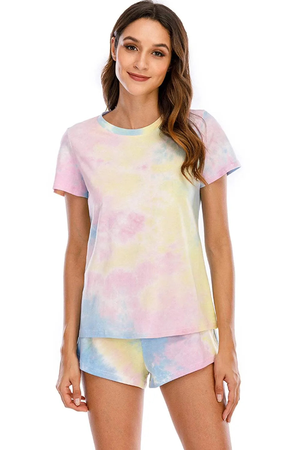 Tie-Dye Round Neck Short Sleeve Top and Shorts Lounge Set Loungewear Sets - Tophatter Daily Deals