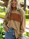 Round Neck Striped Long Sleeve Slit T-Shirt Tan 2XL Women's T-Shirts - Tophatter Daily Deals